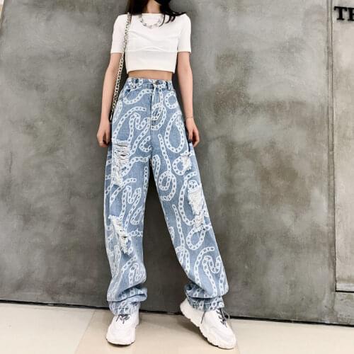 Woman hole jeans 2020 summer high waist fashion Chain print streetwear denim Straight pants hiphop ripped jeans for women loose