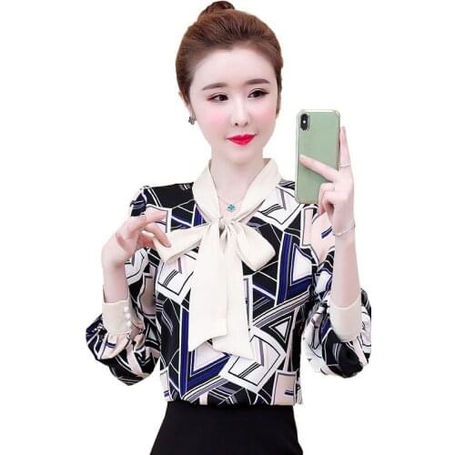 Women Spring Summer Style Chiffon Blouses Shirts Lady Casual Long Sleeve Bow Tie Collar Blusas Tops ZZ0283