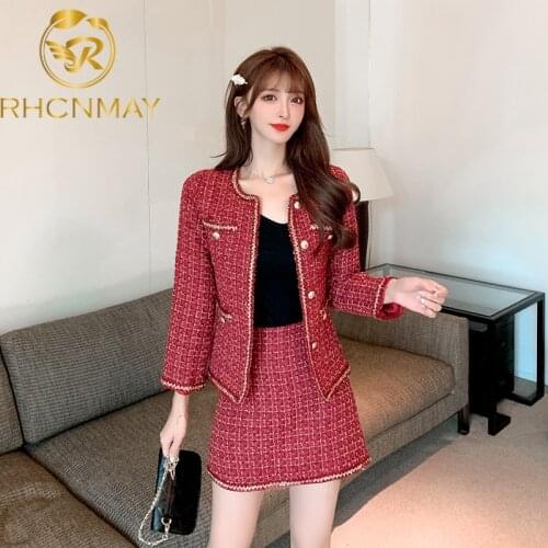 2021 New Autumn And Winter Fashion Casual Long Sleeve Slim Red Tweed Suit Coat Temperament Two Piece Skirt Women