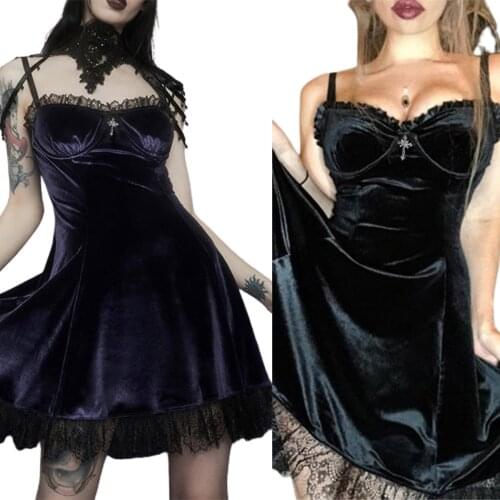 2021 New Women Ruffles Velvet Dress, Adults Sleeveless Spaghetti Strap V-Neck Lace Trim Bowknot One-piece