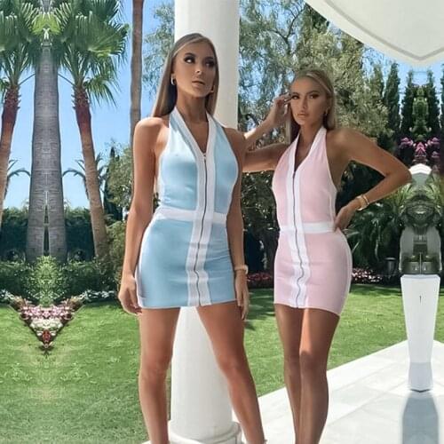 New Sexy Womens Neck Zipper Deep V-neck Sleeveless Hip Slimming Mini Bodycon Bandage Dress Birthday Party Club Dresses 2020