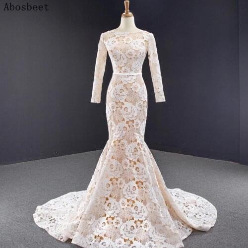 DD JYOY White Lace Wedding Dress Long Sleeve Champagne Lining Mermaid Wedding Gown 2020 Long Train White Belt Lace Up Back