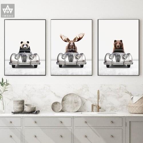 Animal in a Car Child Poster Nursery Canvas Print Funny Wall Art Panda Bear Moose Painting Kids Decoration Picture Baby Room Dec