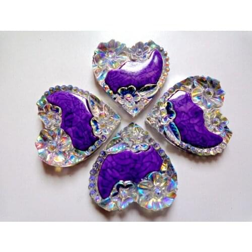 20pcs new fashion style sew on rhinestones heart shape 25*25mm flatback clear AB colour/purple handsewing gem stones crystal
