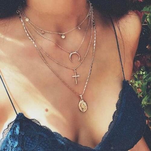 2018 Gold Chain layer Coin Moon Choker Necklace For Women Cross Chocker Necklaces Pendants colar Collares collier femme collane