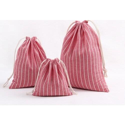 3Pcs/Set Canvas Drawstring Bags Striped Cotton Storage Pouch Foldable Tea/Candy/Gift/Clothes Case Bags