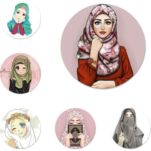 58mm Oriental Woman In Hijab Face Muslim Islamic Girl Icons Pins Badge Decoration Brooches Metal Badges For Backpack Decoration
