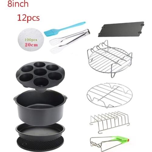 12pcs/set 8 inch Air Fryer Accessories Deep Fryer Baking Basket Pizza Plate Grill Pot Kitchen Tool Fit for Airfryer 4.8QT-7.2QT