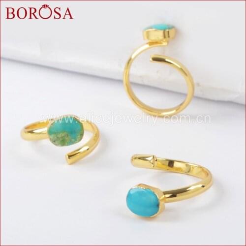 BOROSA New 10PCS Gold Color Natural Turquoises Labradorite Faceted Weeding Rings Gems Rings Jewelry Mixed Colors for Women G1490