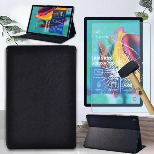 For Samsung Galaxy Tab S5e T720/T725 10.5 Inch Tablet Case Pure Black Leather Protective Case + Glass Tempered Film + Stylus