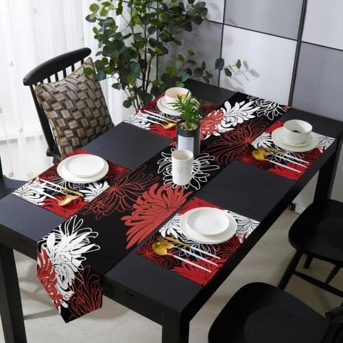 Flower Red White Black Chrysanthemum Table Runner Table Mats Cover For Home Wedding Banquet Festival Party Hotel Decoration