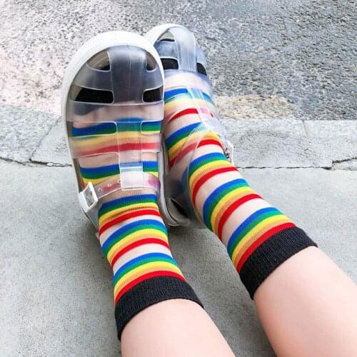 Childrens Socks Summer Thin Section Mesh Rainbow Stripes Crystal Card Skarpety Girls Girls Bow Cotton for Kids Boy Happy