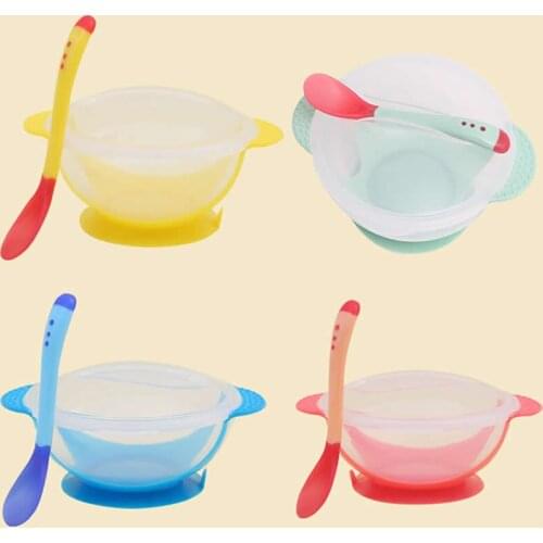 Baby cutlery 3 pieces / set baby sucker tableware baby spoon bowl with temperature sensing baby food feeding safe bowl tableware