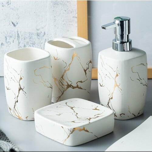 Golden Thunder Luxury Set Dumb Ceramic Art Design Soap Lotion Gel Dispenser Pump Perfume Bottle Toothbrush Holder Tumbler Dish