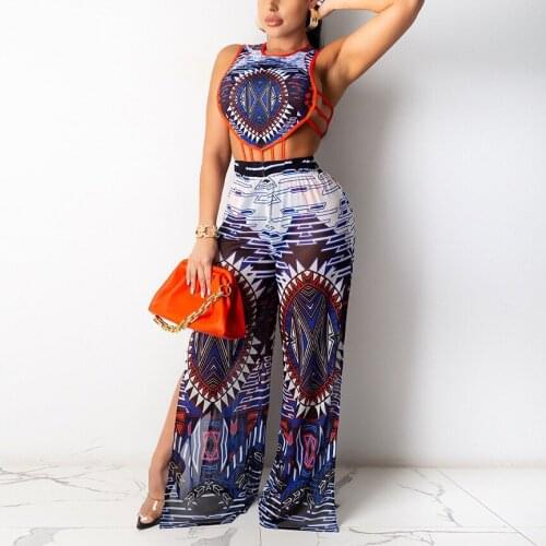 Pants Sets for Party for Women Sexy Outfits 2 Pieces Matching Sets Crop Tops & Wide Leg Trousers Printed Fashion Evening Night