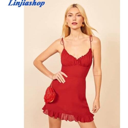 Retro ruffles mini dress women adjustable spaghetti straps red black elastic holiday fashion summer dress