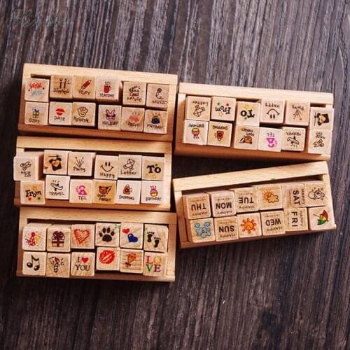 XINAHER 12pcs/set Cute diary Mini wooden box diary rubber stamps gift box set Crafts diy Handmade decal scrapbooking Photo Album