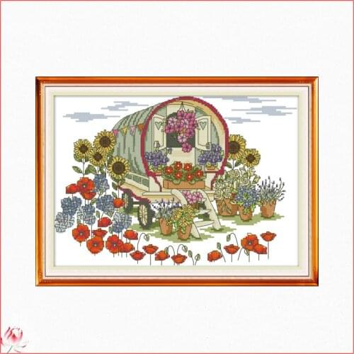 Joy Sunday Flower Car Printed Cross Stitch Kits Canvas Embroidery Needlework Sets 11CT 14CT DIY Handmade Home Decoration Craft