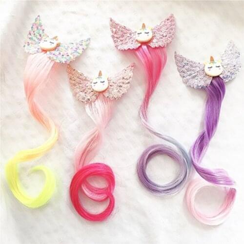 New Girls Lovely Gradient Colorful Unicorn Bow Wigs Hairpins Princess Hair Ornament Headband Hair Clips Barrettes Kids Hair Clip