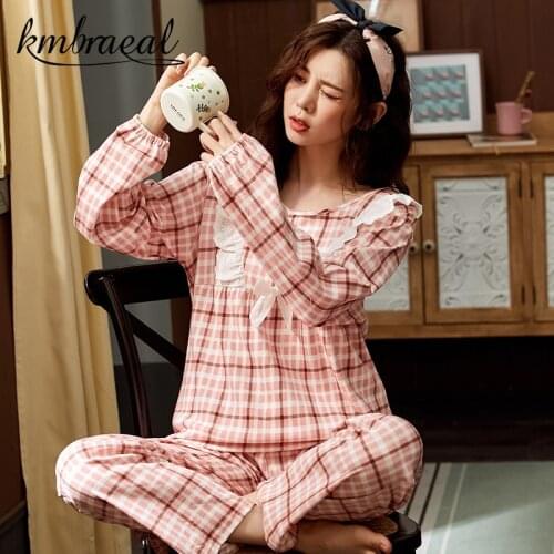 Pajamas Set Women Long Sleeve Grid Sleepwear Pure Cotton Autumn Homewear Two Piece Set Sweet Home Clothes Female Plus Size 3xl