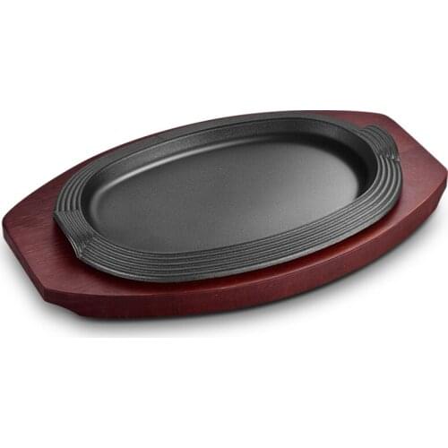 Thickened cast iron braised pan Korean barbecue fried steak plate restaurant non stick grill BBQ pot household wooden tray set