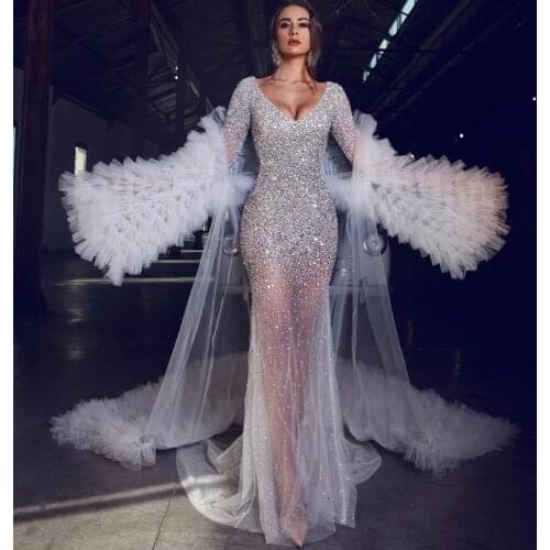 Luxury Sparkle Crystal Beaded Mermaid Bridal Dresses With Tulle Jacket 2021 Sexy See Thru White Long Prom Gowns