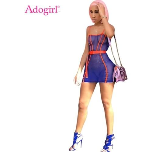 Adogirl Sexy Patchwork Sheer Mesh Bodycon Club Dress with Belt Women Spaghetti Straps Bandage Mini Night Club Party Dresses