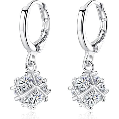 Silver Plated Hollow Round Cubic Zirconia Crystal Hoop Dangle Luxury Drop Earrings For Girls