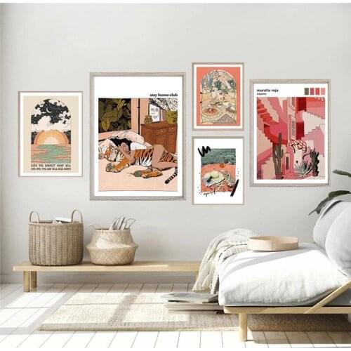 Nordic Abstract Animal Tiger Picture Muralla Roja Sunset Canvas Painting Wall Art Posters Prints Interior Living Room Home Decor