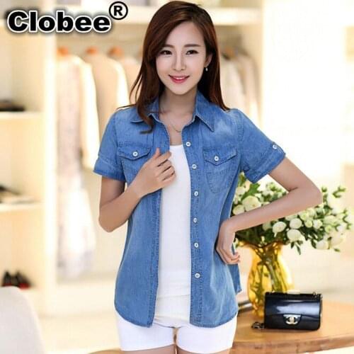 Tunic 2020 Women Top Clothing Pockets Blouse Short Sleeve Summer Denim Shirt Vintage Water Washed Jeans Shirt social ropa mujer