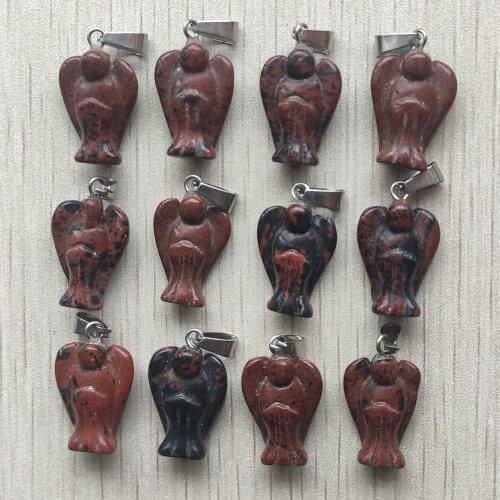 Good quality Natural Mahogany Obsidian Stone Carved angel pendants for necklace jewelry making free shipping Wholesale 12pcs/lot