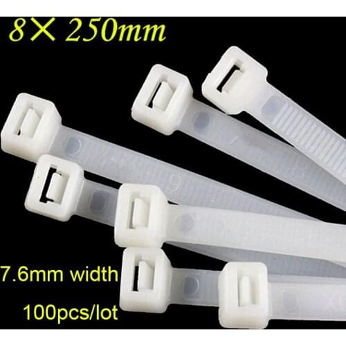 100pcs 8*250mm (7.6mm Width) White Black Nylon 66 Network Electric Wire String Zip Fastener Self-Locking Plastic Cable Tie