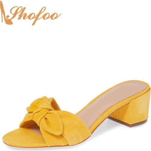 Yellow Butterfly-Knot Med Chunky Heels Sandals Woman Slippers Slides Large Size 11 15 Slip On For Ladies Summer Footwear Dress