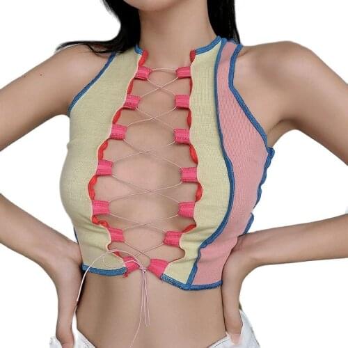 Cheap Vogue Knitting Hollow Out Camisole Leisure Woman Sleeveless Street Wear Sexy Activity Party Club Lace Up Female Tank Tops