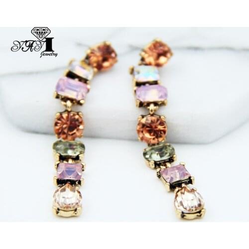 YaYi Jewelry Fashion Colorfull Glass Crystal Rhinestone Dangle Women Ancient Gold Color Wear Ear Band Long Tassel Earrings