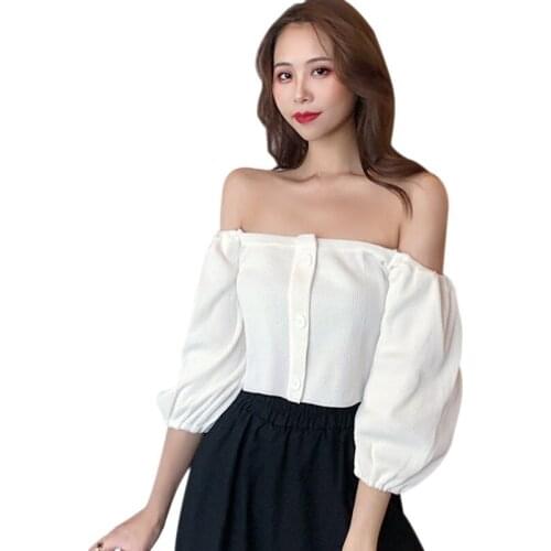 Liva Girl Womens t-Shirts Korean Solid Color Tshirt Slash Neck Sexy Navel Knit Sleeve One Size Top Camiseta Vetements Femmes