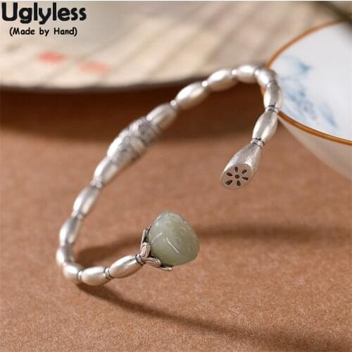 Uglyless Designer Creative Lotus Roots Bangles for Women Real 925 Silver Open Bangles Natural Jade Lotus Vintage Dress Jewelry
