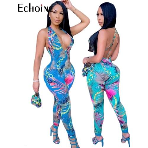 Echoine Women Sexy print V-neck Sleeveless Bandage Stretch bodysuits elegant long Jumpsuits Party Clubwear Rompers overalls