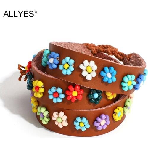 ALLYES Colorful Miyuki Beads Flowers Leather Bracelet for Women Fashion Boho Wrap Bracelet Bangle Female Jewelry Frendship Gifts