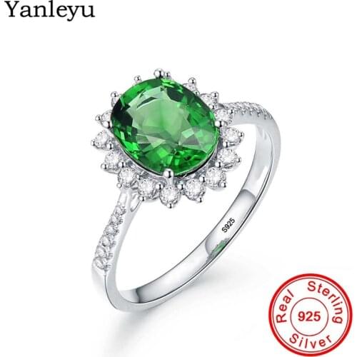 Yanleyu Princess Diana Wedding Ring Real 925 Sterling Silver with Green Zircon CZ Stone Engagement Rings for Women Gift PR366