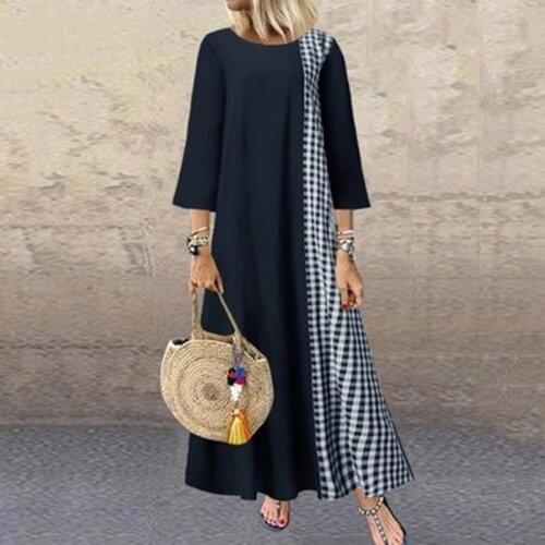 Vintage Women Maxi Dress Plaid Patchwork Long Dress Half Sleeve O-Neck High Low Hem Bohemia Dress Femme Vestidos