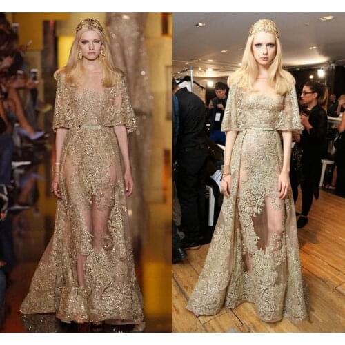 2020 Sexy Gorgeous God Sequins Applique Prom Dress Runway Fashion Jewel Half Sleeve Sash Special Occasion Dresses Formal Party