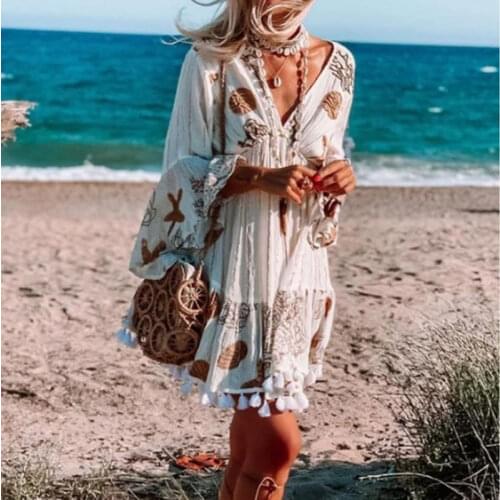 Fashionable Deep V-neck Dress for Women Butterfly Sleeve Tassel Bohemian Beach on Vacation Dresses Party Summer 2021