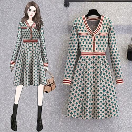 2021 New Winter Sexy V-Neck Elegant Plaid Knitting A Line Dress Long Sleeve High Waist Ladies Fashion Chic Dress