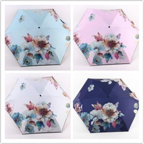 New Ladies Elegant Flower Umbrella, Floral Beauty Five Fold Umbrella Black Plastic Full Shading Thermal Transfer Umbrella