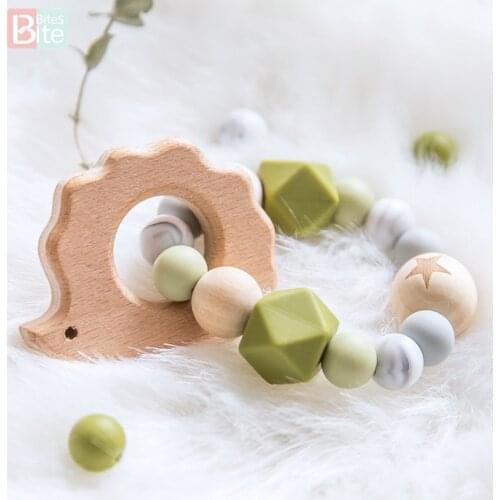 Bite Bites 1pc Baby Rattle Silicone Teether Teething Bracelet Food Grade Silicone Beads Baby Toys Birth Gift Wooden Teether