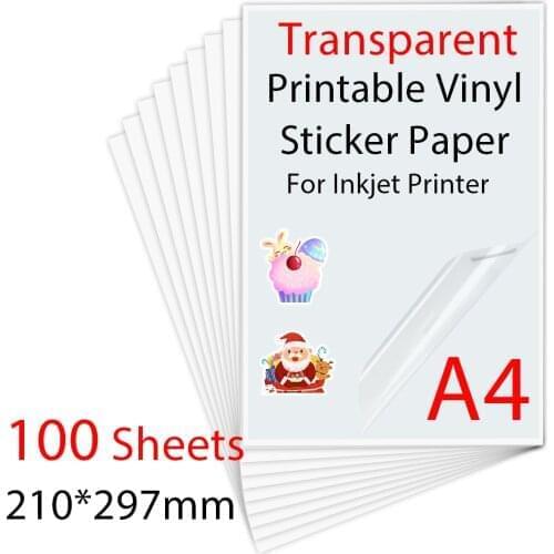 100Sheets A4 Transparent Printable Vinyl Sticker Paper 210*297mm Waterproof Self-Adhesive paper for For Inkjet Printer DIY Label