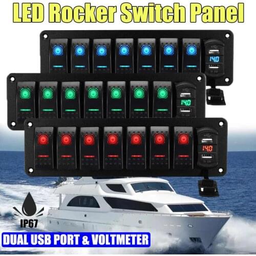 12-24V LED Marine Boat Yacht Rocker Switch Panel Quick Charge USB Charger with Voltage Display 8 Gang RV SUV Car Switch Panel