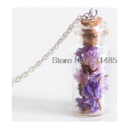 12pcs/lot Mini Dried Limonium Flower Glass Bottle Necklace Lavender Mori Girl Violet Purple Forget me not