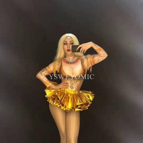 2019 Sexy Gold Rhinestones Tassel Bodysuit Stage Dance Wear Leotard Costume Singer Performance Stretch Singer Show Dance Costume